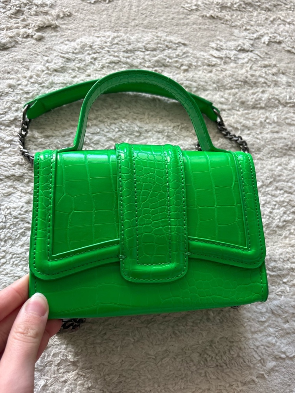 Zara mini city bag featuring a neon green crocodile-embossed design